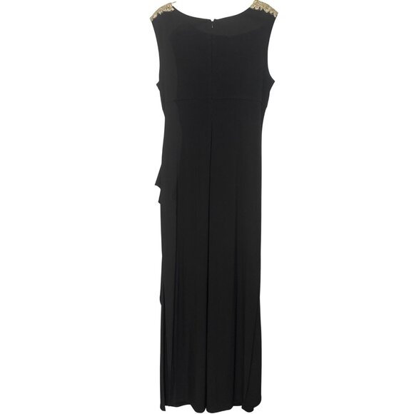 Elegant SL Fashions Black Maxi Dress With Gold Embellished Lace Bodice & Draped - Picture 4 of 8